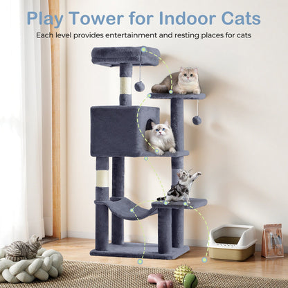44-Inch Cat Tree Tower with Condo & Hammock - Multi-Level Indoor Cat Tree with Natural Sisal Scratching Posts, Perches & Pet House for Cats & Kittens, Stable Cat Climbing Tower, 5 Colors