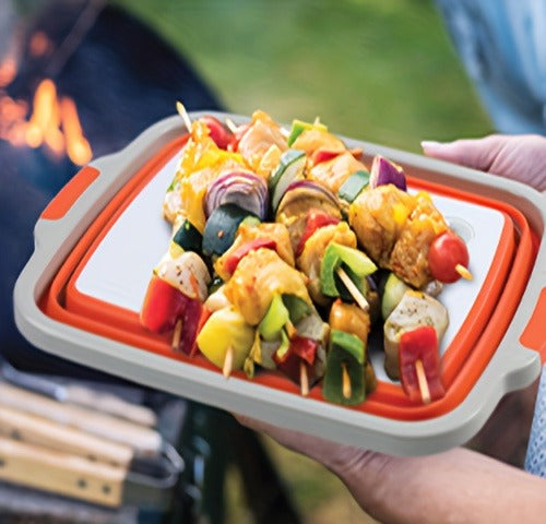 Collapsible BBQ Prep Tub 3-in-1 Grill Caddy – Cutting Board, Washing Basket & Prep Station | Food-Grade Plastic, Drainage Hole, Foldable for Camping & Outdoor Grilling