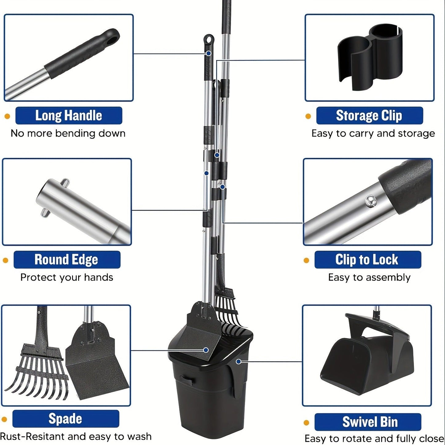 Dog Pooper Scooper with Long Handle & Swivel Bin - Heavy Duty Rake Spade Set, 40 Waste Bags Included, Pet Waste Removal for Yard Grass Gravel