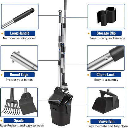 Dog Pooper Scooper with Long Handle & Swivel Bin - Heavy Duty Rake Spade Set, 40 Waste Bags Included, Pet Waste Removal for Yard Grass Gravel