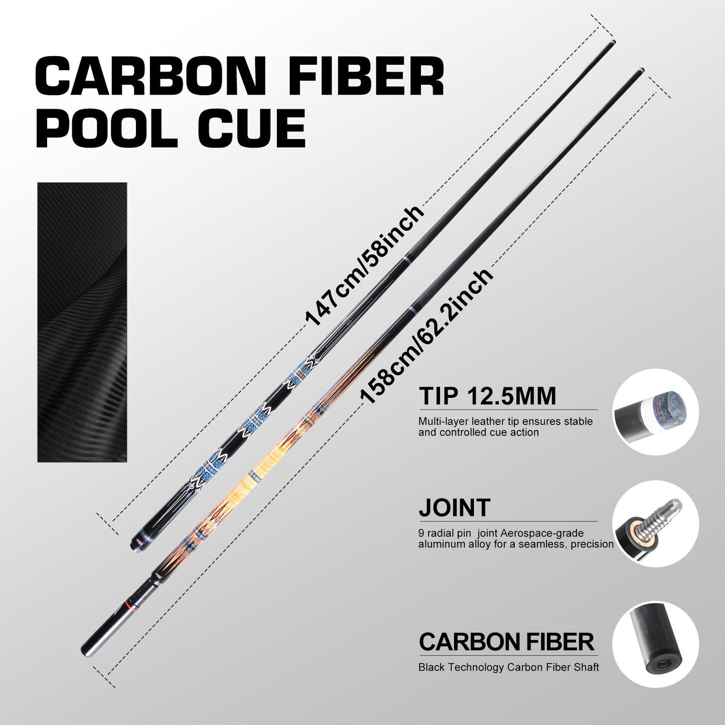 Carbon Fiber Pool Cue Stick Low Deflection Billiard Cue with 11.8mm 12.5mm Tip Pro-Taper Shaft Canadian Maple Butt Extension Compatible Professional Pool Cues for Competitive Play and Tournament Use