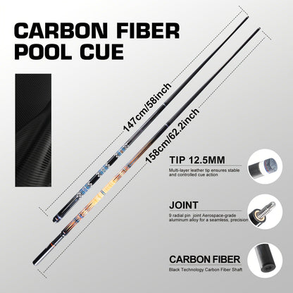 Carbon Fiber Pool Cue Stick Low Deflection Billiard Cue with 11.8mm 12.5mm Tip Pro-Taper Shaft Canadian Maple Butt Extension Compatible Professional Pool Cues for Competitive Play and Tournament Use