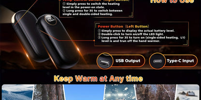 Rechargeable Hand Warmers 2 Pack – Dual-Sided Electric Pocket Heater with Power Bank & LED Light, 36Hrs Warmth, 4 Heat Levels, Portable Reusable Handwarmer Gift for Men & Women, Deep Black / Orange