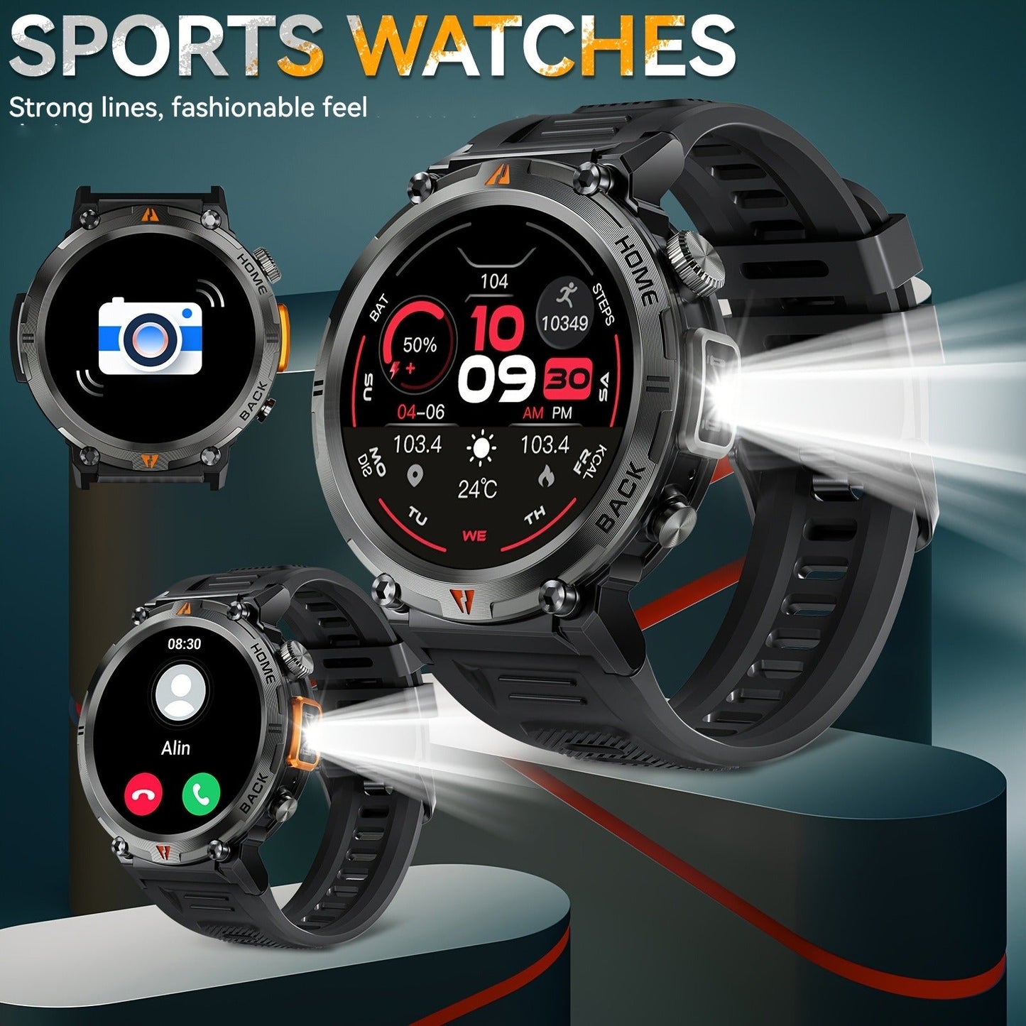 EIGIIS KE3 Rugged Smartwatch for Men – Wireless Calling, HD 1.45" Screen, LED Light, Fitness Tracker, iPhone & Android
