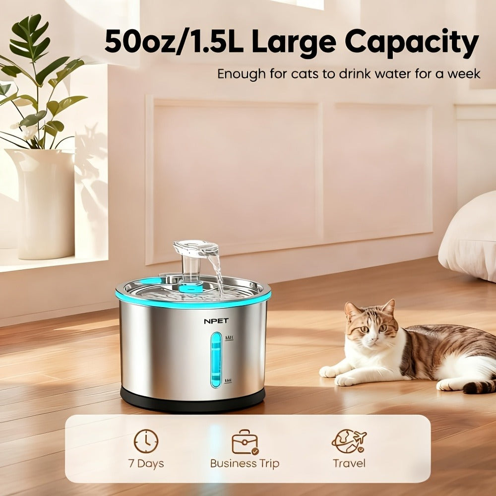 Cat Water Fountain Stainless Steel 50oz/1.5L - Ultra Quiet Auto Pet Water Dispenser with LED Light, Visible Window & Dishwasher Safe - Includes Replacement Filters for Cats & Dogs Indoor