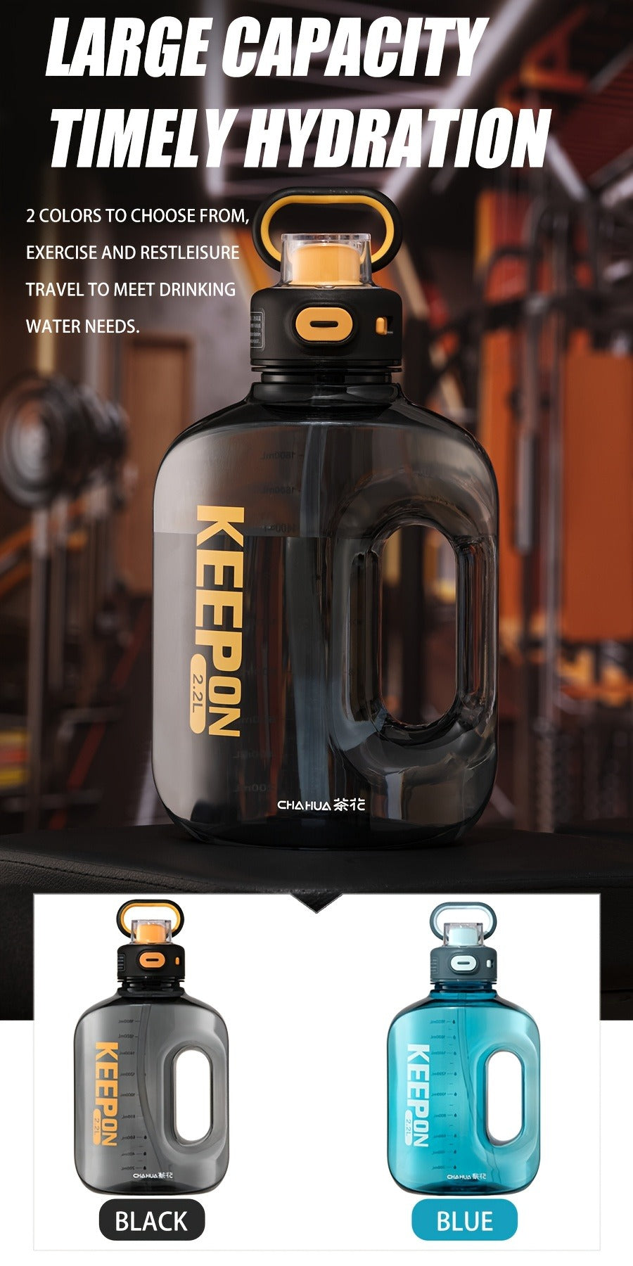 Large Sports Water Bottle with Straw Lid Handle 1500ml 2200ml Leak-Proof Lockable Food-Grade PP PC Hydration Bottle for Gym Fitness Hiking Camping Travel School