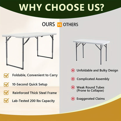 Foldable Outdoor Dining and Utility Table 4ft 6ft Multi-Purpose Folding Desk for Camping Backyard Weddings Living Room Card Games Study Home Office