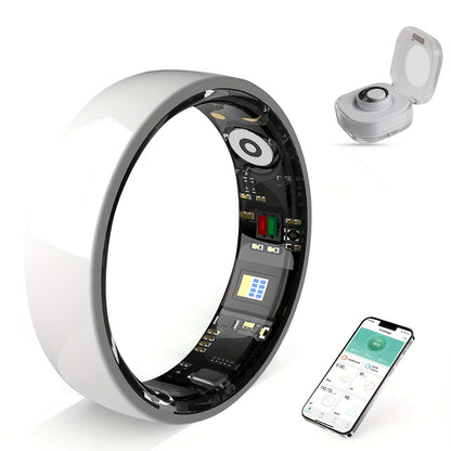 Fitness Tracker Smart Ring – IP68 Waterproof, Sleep & Step Monitor, Crystal Charging Case, Stainless Steel | Men & Women Sizes 7–13