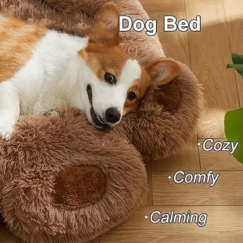 Dog Bed & Cat Bed Plush Bear Paw Print – Soft Warm Pet Bed for Small Medium Large Dogs, Thickened Long Plush, No Assembly, Autumn Winter Pet Sleeping Bed in Coffee Pink Gray