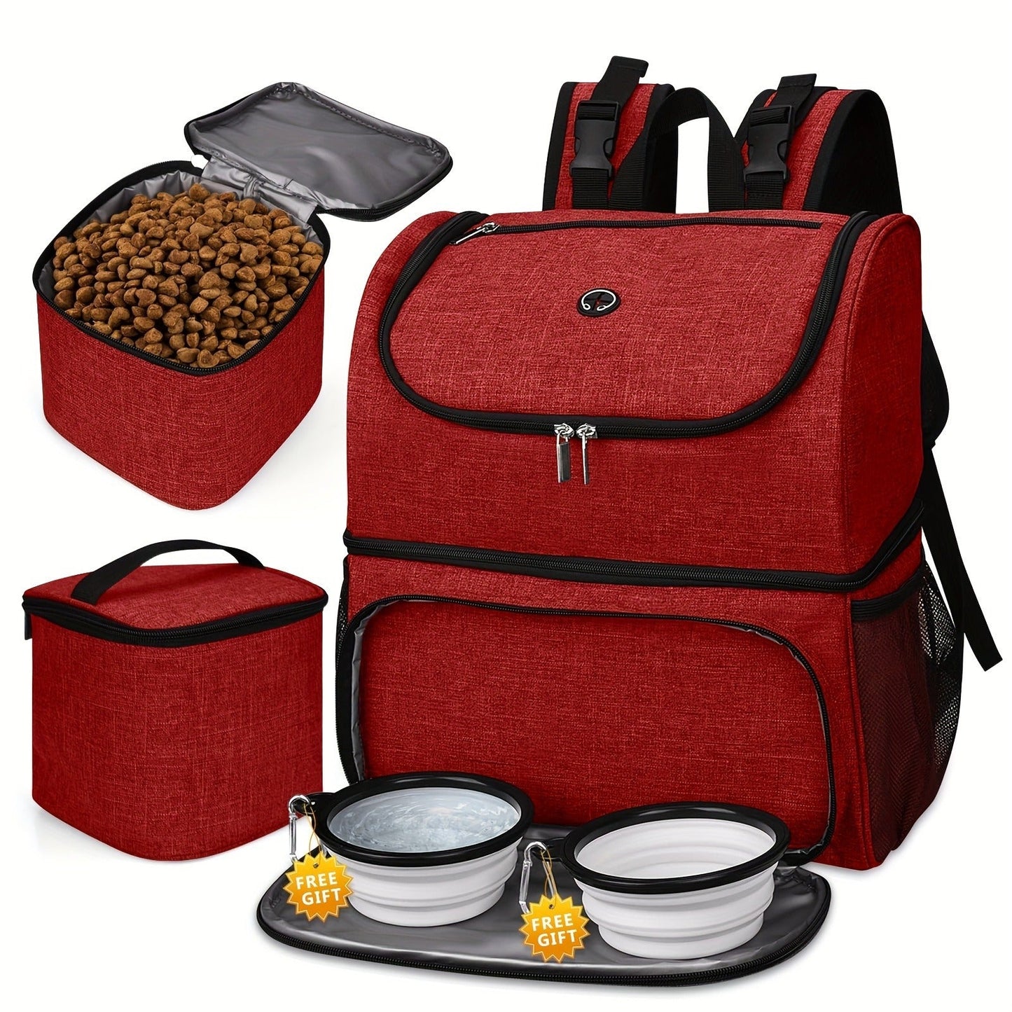 Pet Travel Backpack Double Layer Dog Cat Supplies Bag with 2 Collapsible Bowls 2 Food Baskets Portable Organizer for Outdoor Hiking Camping Road Trip