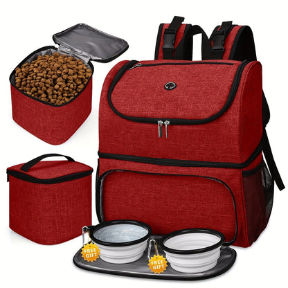 Pet Travel Backpack Double Layer Dog Cat Supplies Bag with 2 Collapsible Bowls 2 Food Baskets Portable Organizer for Outdoor Hiking Camping Road Trip