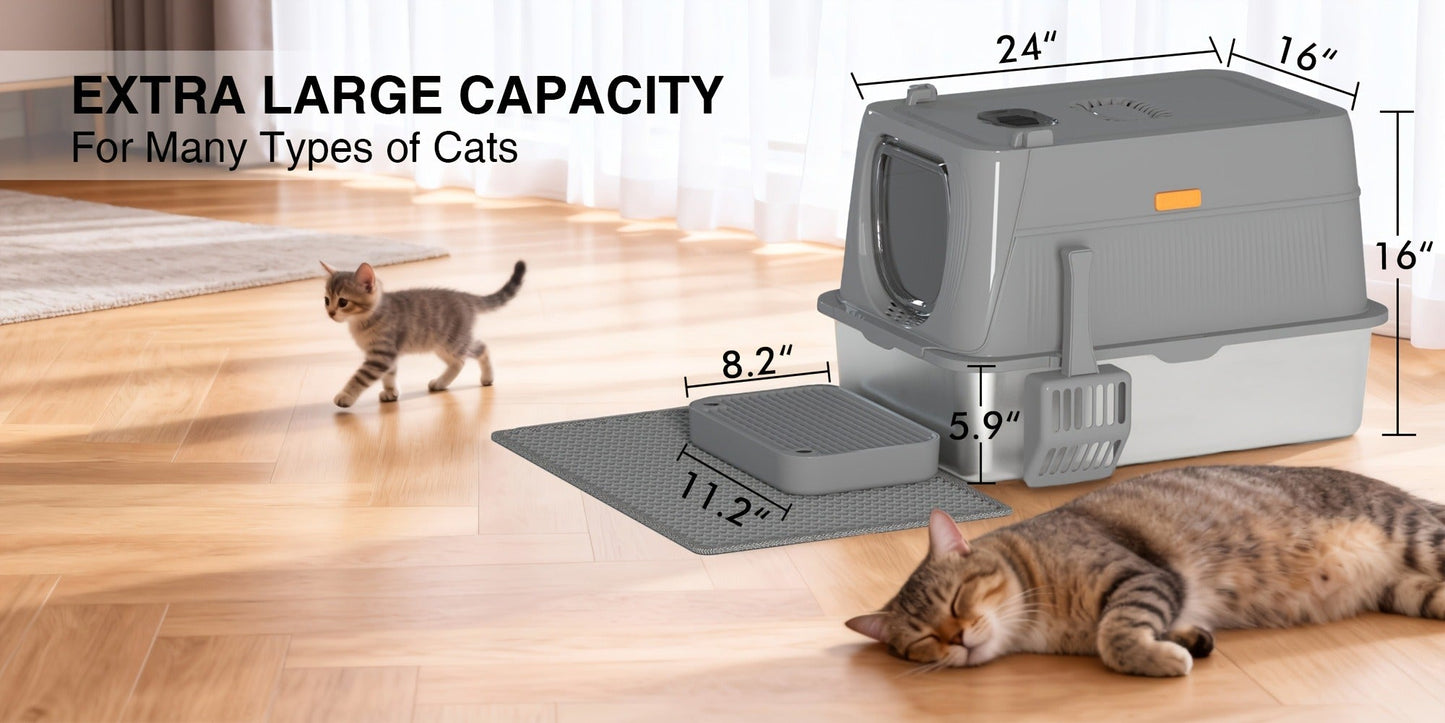 Extra Large Enclosed Cat Litter Box - Stainless Steel with Front Flap Door, Foldable Anti-Splash Fully Covered Design, Superior Odor Control Indoor Cat Toilet, 3 Colors, CITYLIFE Oversized
