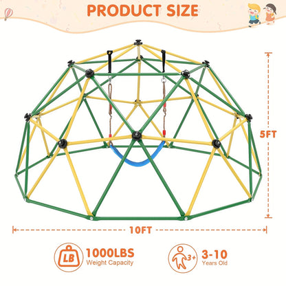 10FT Kids Climbing Dome with Hammock Swing Disc Swing Backyard Jungle Gym Steel Frame Outdoor Play Equipment 1000 LBS Capacity Gift for Boys Girls Ages 3-10
