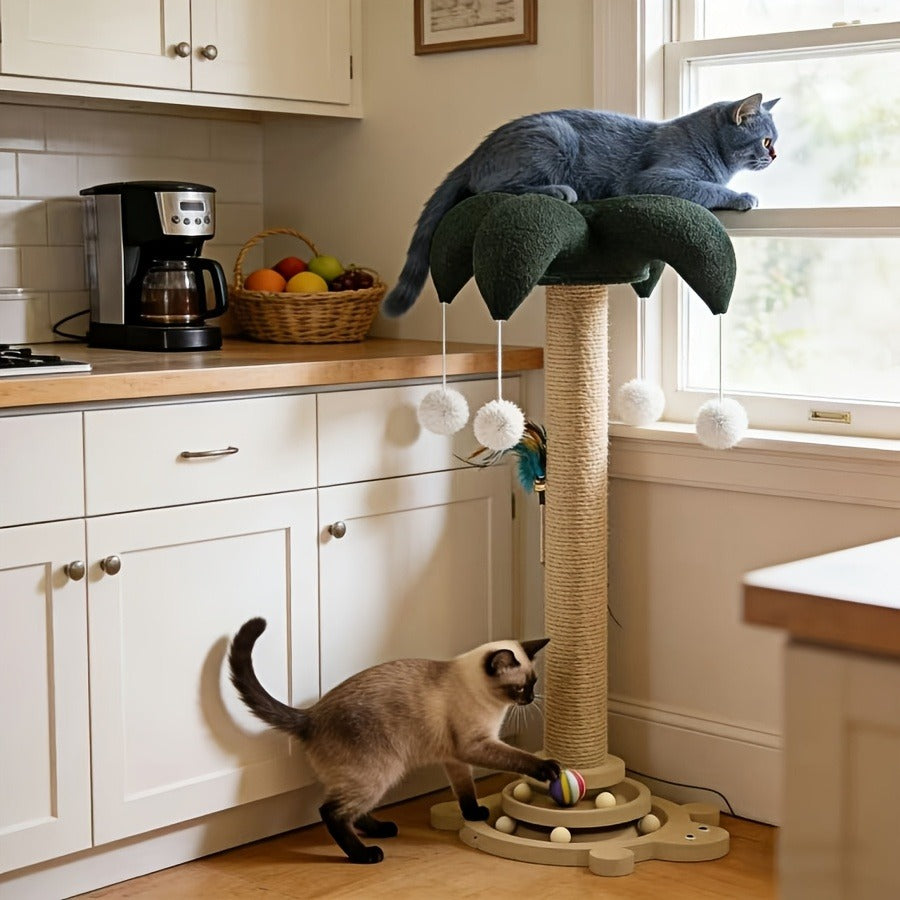 Cat Scratching Post Sisal Vertical Clown Hat Design, Wear-Resistant Cat Scratch Board with Cat Climbing Frame & Teaser Toy, Fun Shaped Cat Scratcher for Indoor Cats, Millet & Turtle Shape, Green