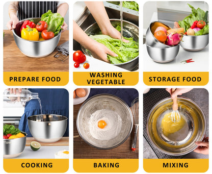 Stainless Steel Mixing Bowls Set with Airtight Lids 7 Piece, Stackable Nesting Bowls with Measuring Spoons Whisk Spatula Tongs Basting Brush, Dishwasher Safe Kitchen Bowls for Cooking Baking Camping Travel