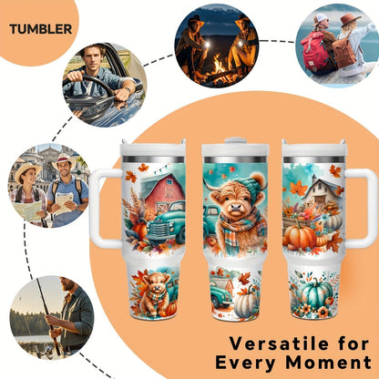 Stainless Steel Insulated Tumbler With Lid and Straw, 40oz & 16oz Highland Cow Thanksgiving Water Bottle With Handle, Keeps Cold 24 Hours Hot 12 Hours, Portable Travel Cup for Car Home Office Birthday Gift
