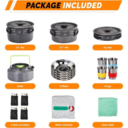 Backpacking Cookware Mess Kit 19/27pcs – Non-Stick Pot Pan Kettle with Stainless Steel Cutlery, Lightweight Camping Cook Set for Open Fire, Hiking & Outdoor Cooking