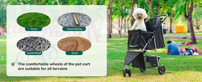 3-Wheel Pet Stroller for Small & Medium Dogs Cats - Foldable Jogger Stroller with Weather Cover, Storage Basket & Cup Holder, Breathable Mesh Window, All-Season Outdoor Walk Pram, Black