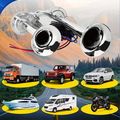 Dual Air Horn Kit 12V/24V 105-137dB with Air Compressor - Super Loud Aluminum Alloy Trumpet Horn for Truck, Train, SUV, Motorcycle, Car & Boat, Universal Electric Horn Easy Install