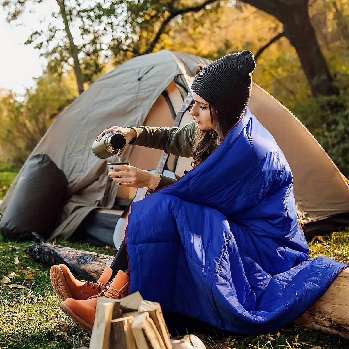 Puffy Camping Blanket Foldable Lightweight Water Resistant with 3D Eye Mask - DWR Coated Outdoor Blanket for Camping, Hiking, Travel, Beach, Stadium & Car, Warm Packable Throw in 4 Colors, 55" x 78"