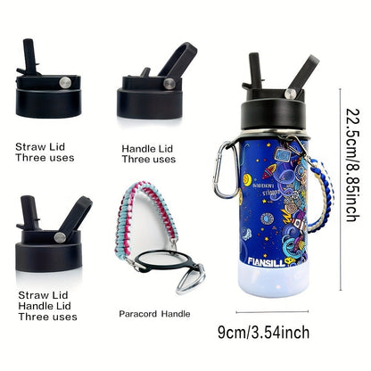 Kids Insulated Water Bottle 16oz with 3D Print Design - Stainless Steel Vacuum Flask, Leak-Proof BPA-Free, One-Hand Lid, Woven Strap & Carabiner, Perfect Student Gift for Boys & Girls, 8 Fun Styles