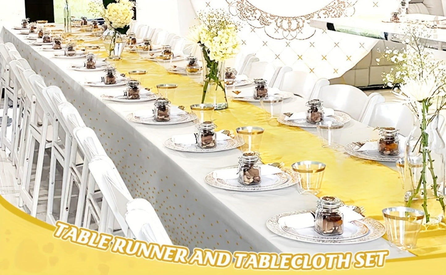 Disposable Tablecloth & Table Runner Set 10 Pack White Gold – Plastic Party Table Covers for Wedding Birthday Graduation Anniversary Baby Shower Bridal Shower Elegant Bulk Party Decorations