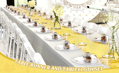 Disposable Tablecloth & Table Runner Set 10 Pack White Gold – Plastic Party Table Covers for Wedding Birthday Graduation Anniversary Baby Shower Bridal Shower Elegant Bulk Party Decorations