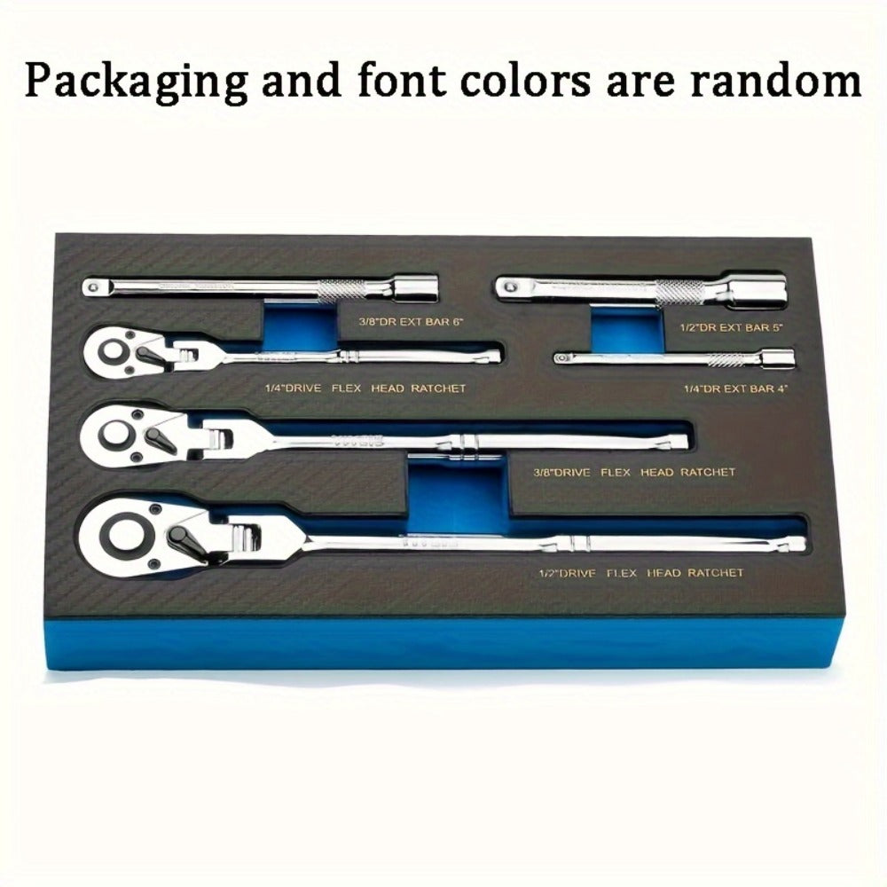 6-Piece Ratchet Wrench Set 1/4" 3/8" 1/2" Drive – Rotating Head Ratchet with Extension Bar, Chrome-Plated Stainless Steel, EVA Foam Storage Case | No Battery Required