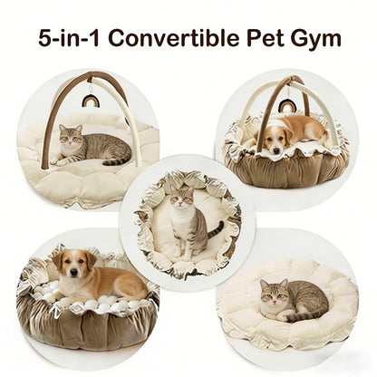 5-in-1 Pet Play Mat & Bed with 6 Toys - Thick Plush Convertible Ball Pit Tummy Time Mat Floor Cushion for Cats Dogs, Foldable Pet Activity Gym Pad, Multiple Colors Available