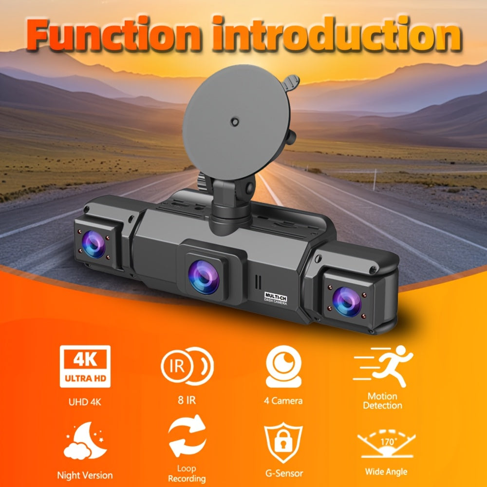 4K Car DVR 360° Rotary Driving Recorder | No Memory Card/Free 32GB Memory Card | Night Vision | 4-channel Car Camera Front 4K | Back Left Right 3 Cameras Are 1080P Recording | 24-hour Cycle Recording And Parking Monitoring, Rearview Camera