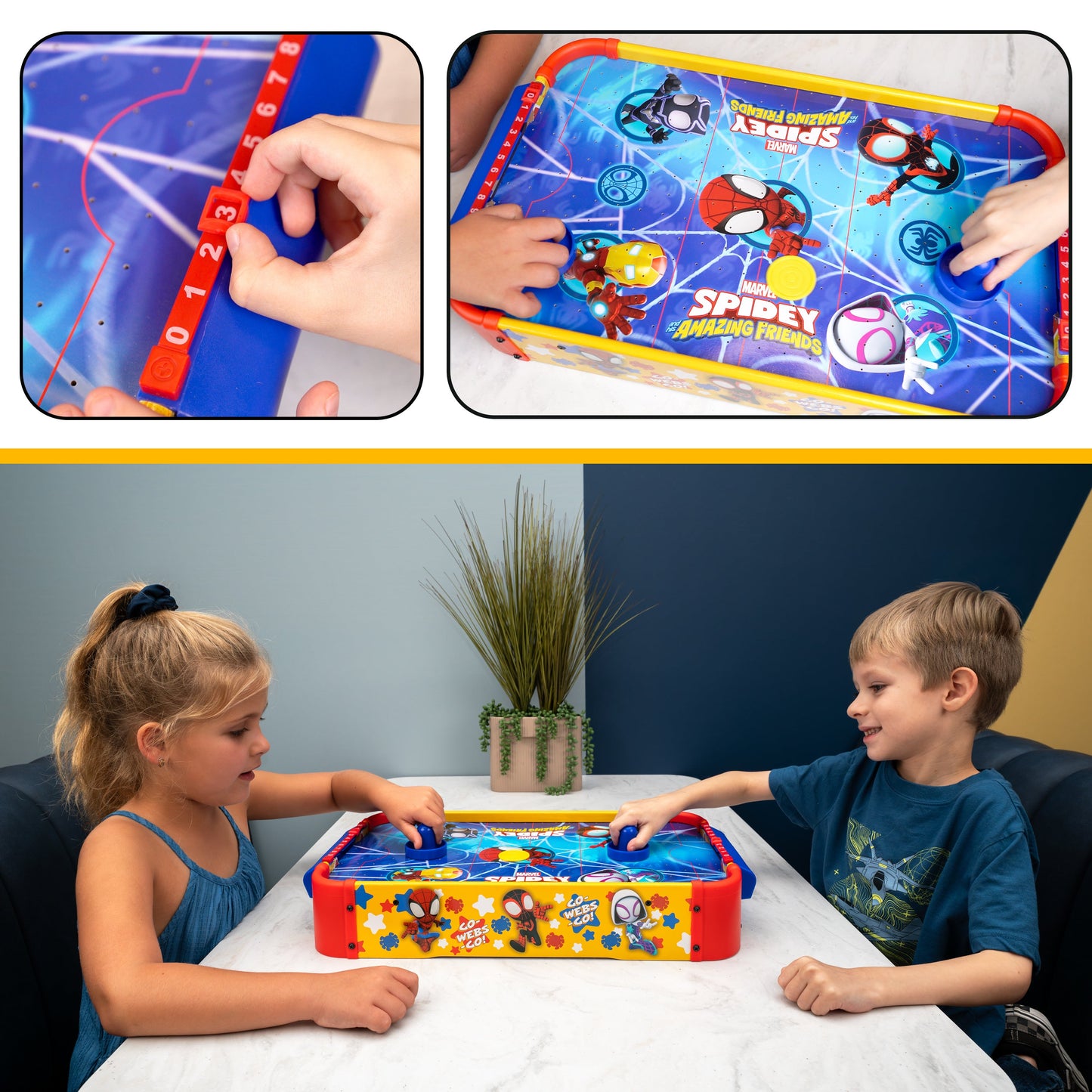 Kids Tabletop Air Hockey Table Marvel Spidey and His Amazing Friends - Officially Licensed Wood Surface, Manual Score Tracker, Indoor Game for Boys Girls Ages 3+ | Birthday Christmas Holiday Gift