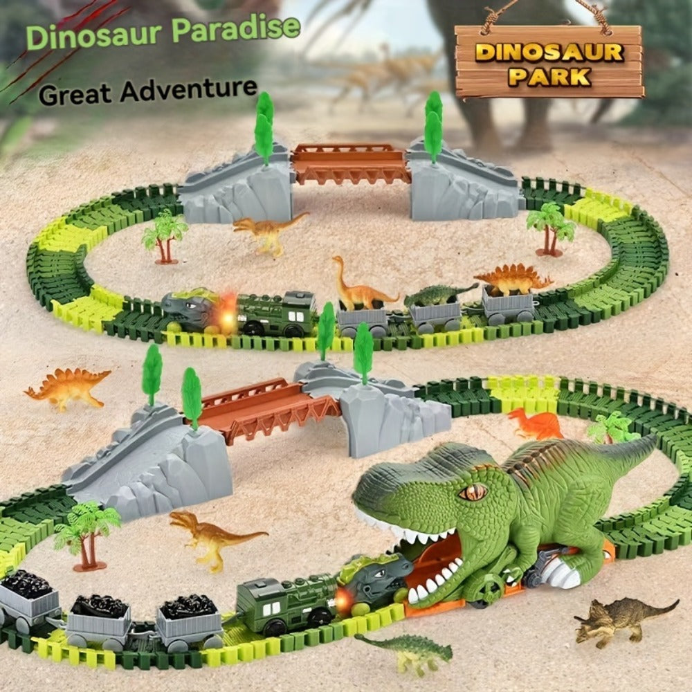 Electric Dinosaur Train Track Set 121pcs – Battery Powered Dino Swallowing Car Sliding Train Toy with Random Car Combinations for Boys Girls Kids Ages 3 4 5 6+