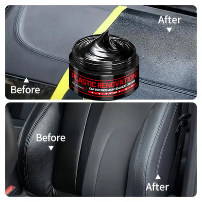 Car Plastic Restorer & Black Interior Trim Polish - Scratch Repair Paste, Anti-Aging Refurbishment Wax for Dashboard, Bumper, Tire Shine & Leather Seat Care, Works on All Car Interiors & Exteriors (30g + Sponge)