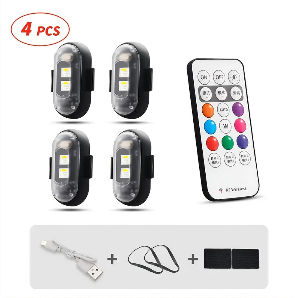 Wireless LED Strip Lights 8-Color 4pcs / 6pcs – Remote Control USB Rechargeable Waterproof Anti-Collision Light for Car Motorcycle Bike Drone Aircraft