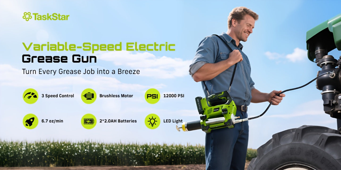 Electric Grease Gun 12000PSI Cordless – 3-Speed Brushless Motor, Dual 2.0Ah Batteries, LED Light, Heavy-Duty Wireless Grease Gun for Automotive, Farm & Industrial Lubrication