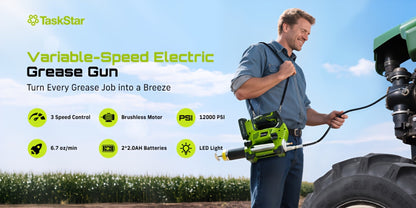 Electric Grease Gun 12000PSI Cordless – 3-Speed Brushless Motor, Dual 2.0Ah Batteries, LED Light, Heavy-Duty Wireless Grease Gun for Automotive, Farm & Industrial Lubrication