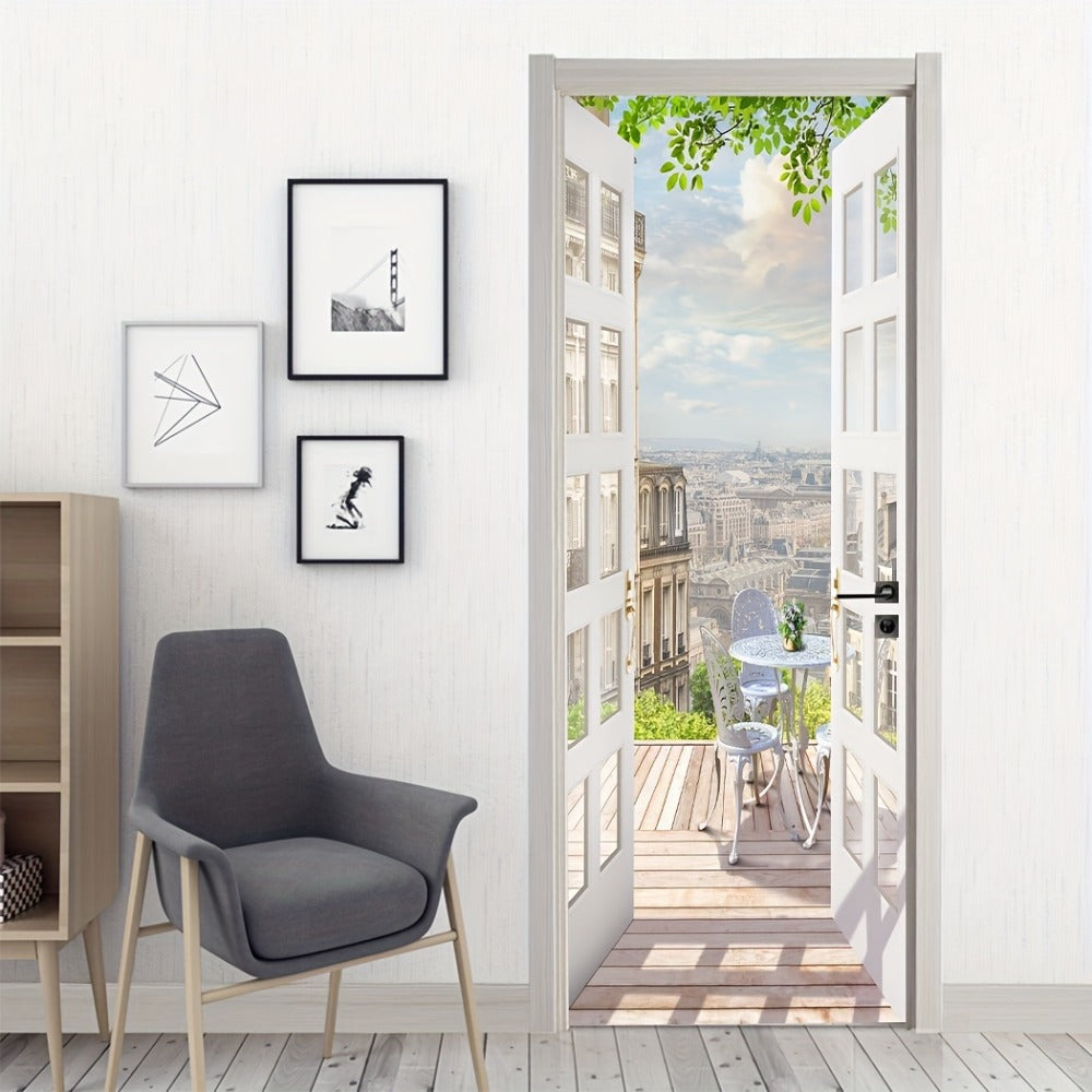 Door Sticker Balcony Scenery Wall Mural – Removable Waterproof Peel & Stick Large Wall Art for Bedroom & Living Room, Faux Window View Home Decor, 35.43 x 78.74 Inches