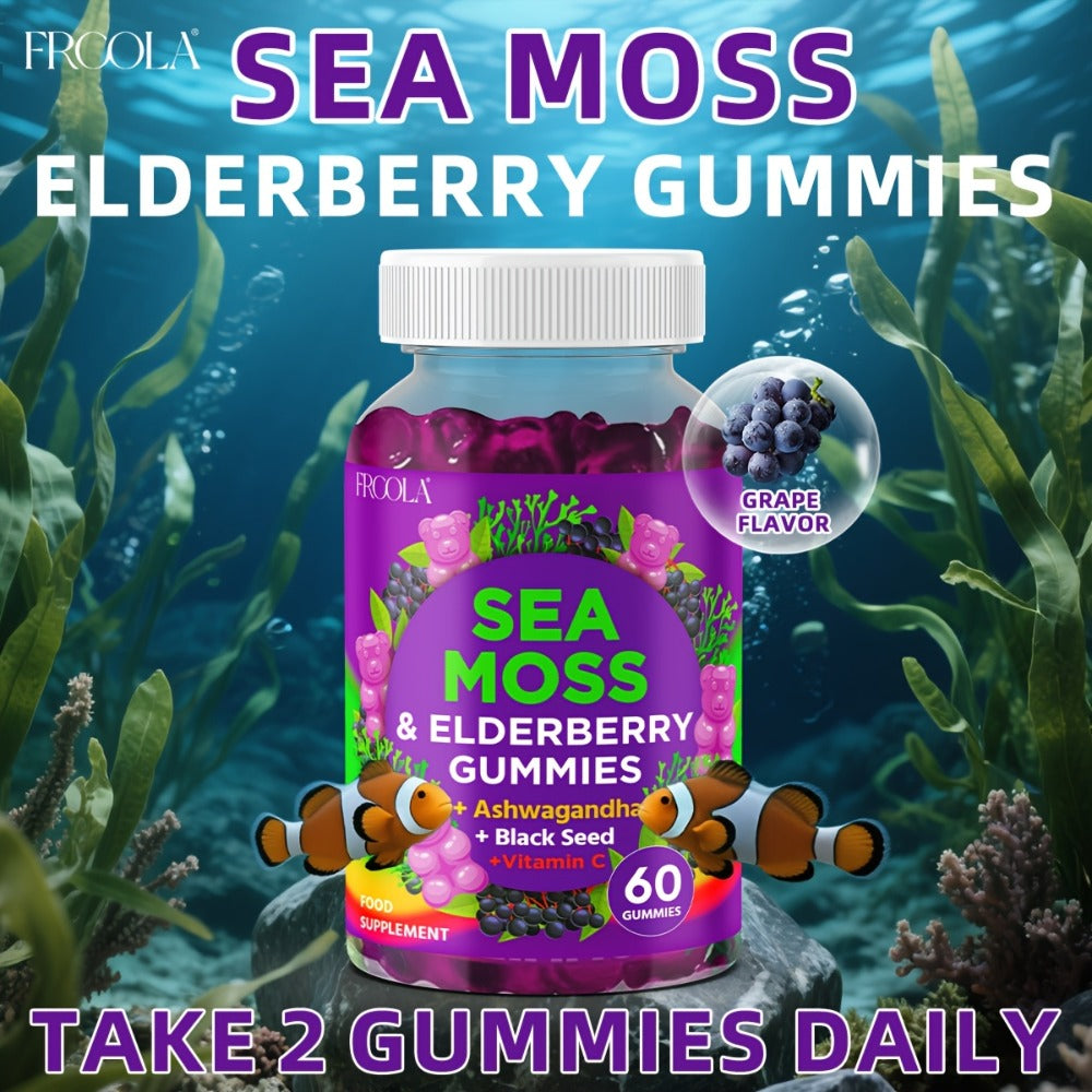9-in-1 Sea Moss Gummies with Shilajit, Elderberry, Ginger, Turmeric, Ashwagandha & Black Seed Oil – Advanced Multi-Mineral Immune & Energy Supplement for Women & Men, 60 Count
