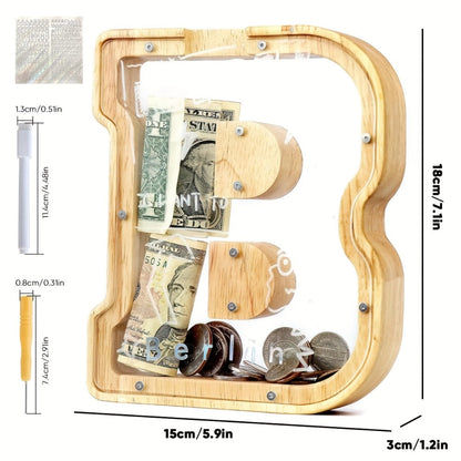 Alphabet Wooden Money Bank for Adults A to Z Letter Piggy Bank – Personalized Coin Bank Home Decor Craft Art Decoration, Ideal Gift for Ages 14 and Up