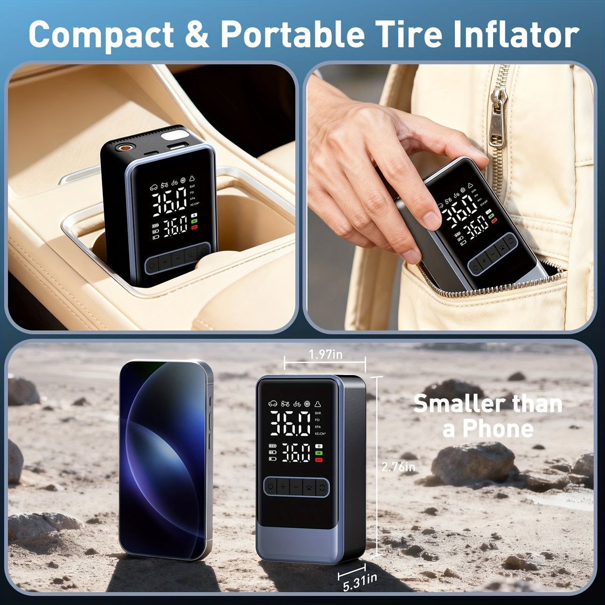 Portable Air Compressor | 150PSI Cordless Tire Inflator with Digital Pressure Gauge and LED Light, USB Charging, Quick Charge, Lithium Polymer Battery, for Car, Moto, Bicycle, Roadside Assistance and Emergency Support in All Terrains