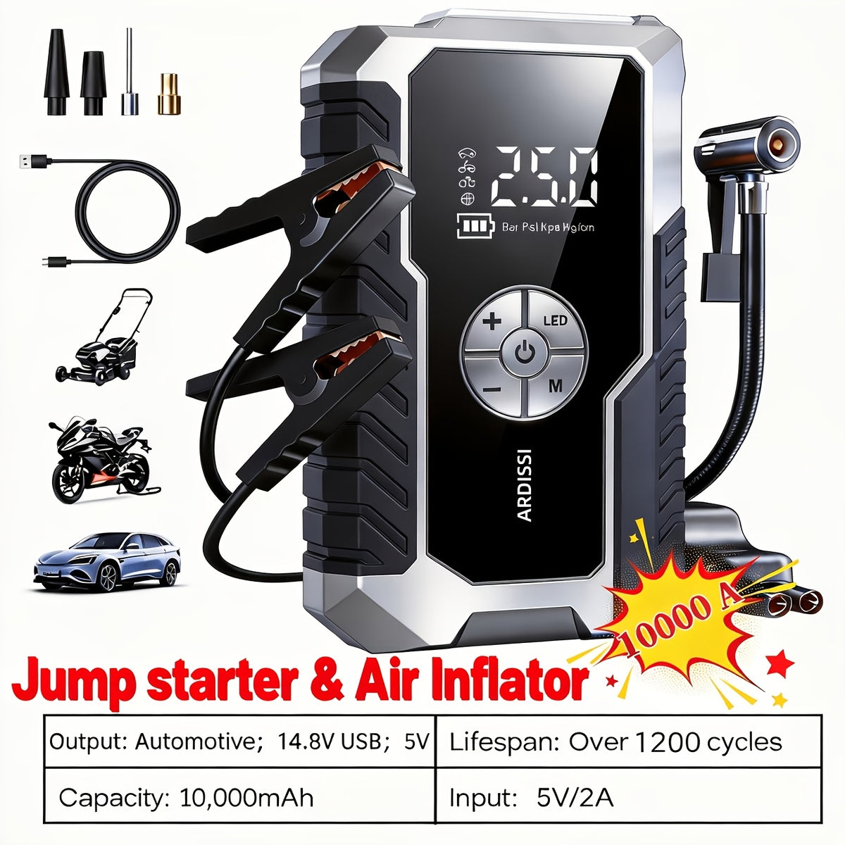 10000A 7-In-1 Multifunctional Emergency Jump Starter with 150PSI Air Pump, Digital Tire Inflator, Portable Car Battery Charger, Up to 2.64gal Gas/2.38gal Diesel, LED Emergency Light & USB Charging, Car Emergency Tool. Suitable As a Holiday Gift