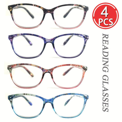 Reading Glasses 4-Pack for Women, Lightweight Oval Frame Anti-Glare Computer Readers with Metal Spring Hinge, Multiple Strengths & Colors, Comfortable Presbyopia Eyeglasses Gift Set for Elders