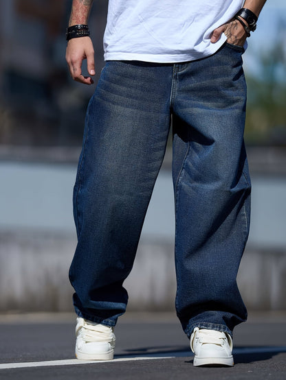 Men's Baggy Jeans - Classic Wash Clean Finish Streetwear