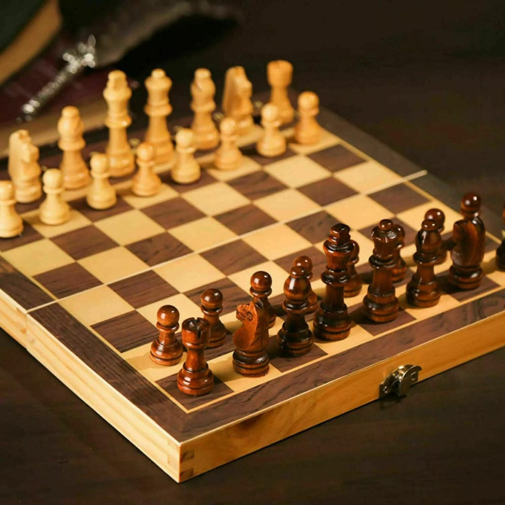 Wooden Folding Chess Set 12 Inch – Handmade Portable Chessboard 30x30cm with Game Pieces, Classic Strategy Board Game for Adults Kids, Home Travel Gift