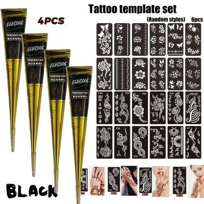 Temporary Semi-Permanent Tattoo Paste Kit - Waterproof Body Art Gel in Brown & Black with Tattoo Templates, Safe Non-Irritating Henna-Style Ink for Parties, Festivals, Cosplay & Daily Decoration
