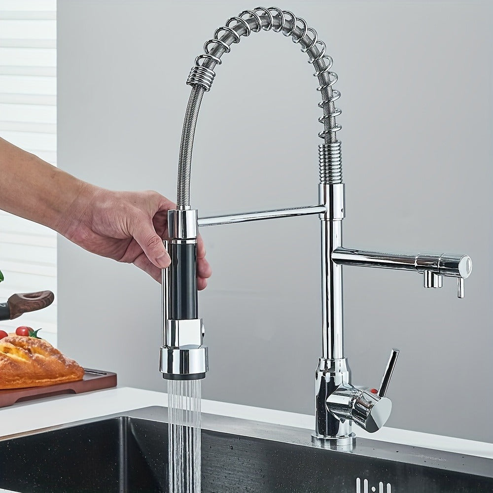 Kitchen Faucet with Pull Down Sprayer Single Handle Single Hole High Arc Spring Commercial Sink Faucet – 360° Swivel Splash-Proof Nozzle, Matte Black Chrome Brushed Nickel, Modern Monobloc Mixer Tap