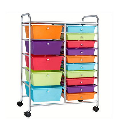 Rolling Storage Cart, 15-Drawer with Locking Wheels, Steel Frame & Multicolor Opaque shown in the main product view