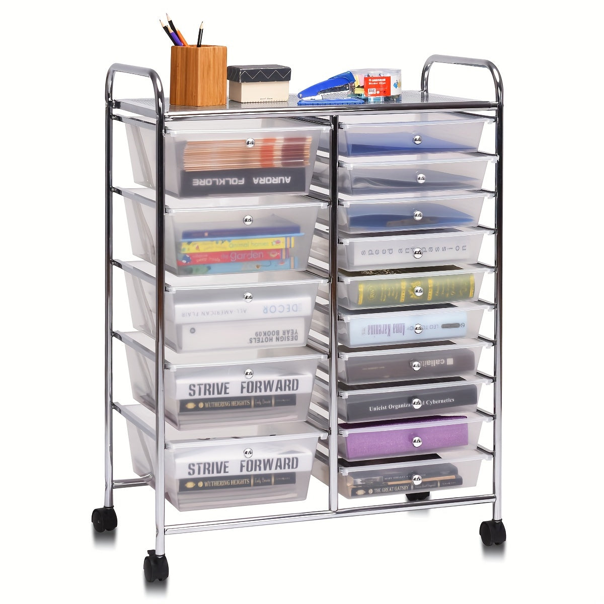 Rolling Storage Cart shown in the Silvery/Clear option