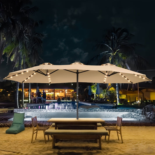 Patio Umbrella, 15 Ft Double-Sided with Base & 48 Solar LED Lights UPF50+ UV Protection 12 shown in the main product view