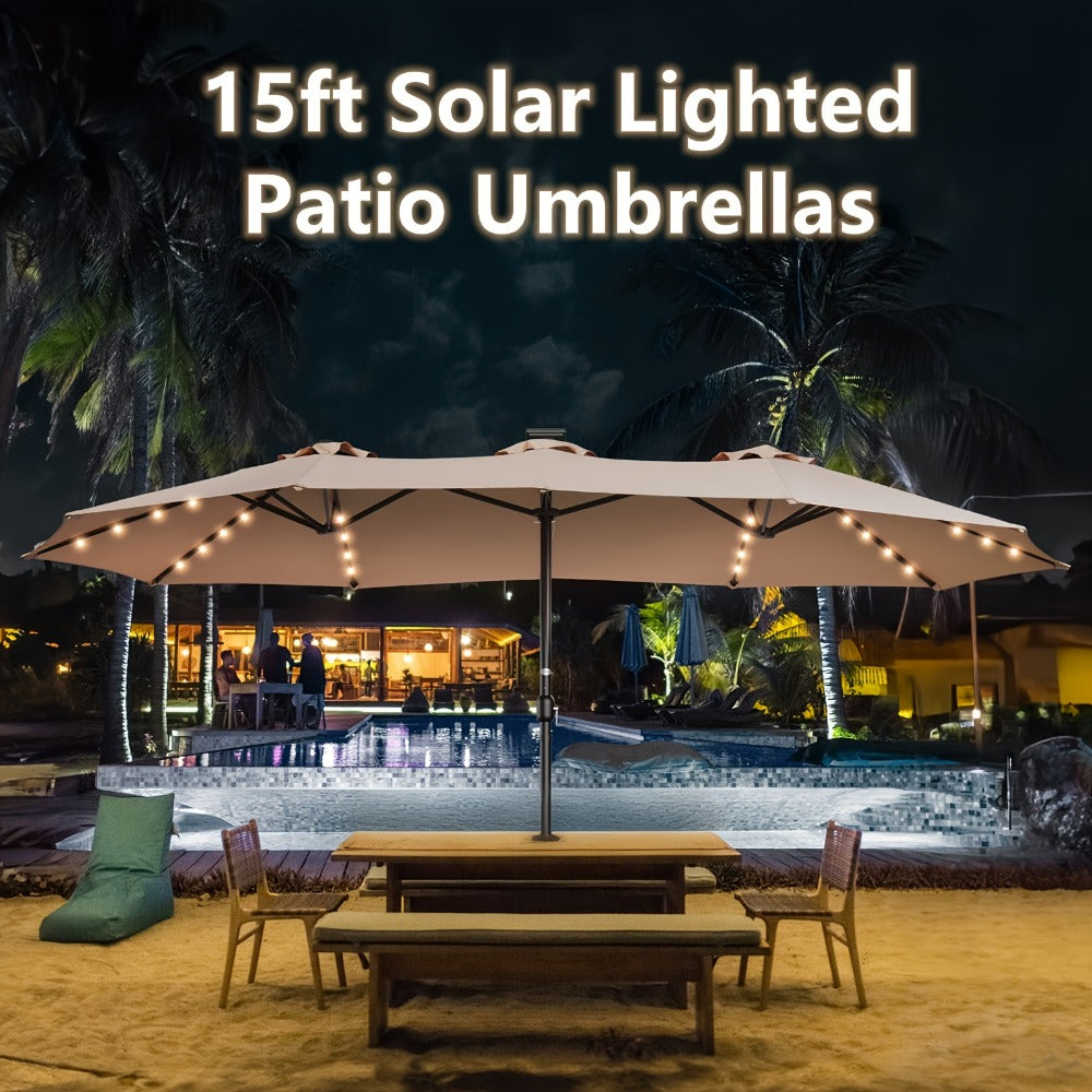 Patio Umbrella, 15 Ft Solar LED Double Sided with Base 48 LED Lights UPF50+ UV Protection shown in the main product view